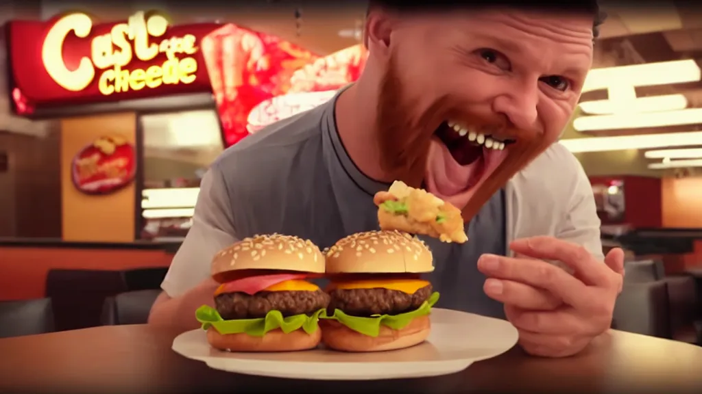 Image similar to the strange creature eats a cheeseburger, at the fast food restaurant, television commercial, studio lighting, extremely professional