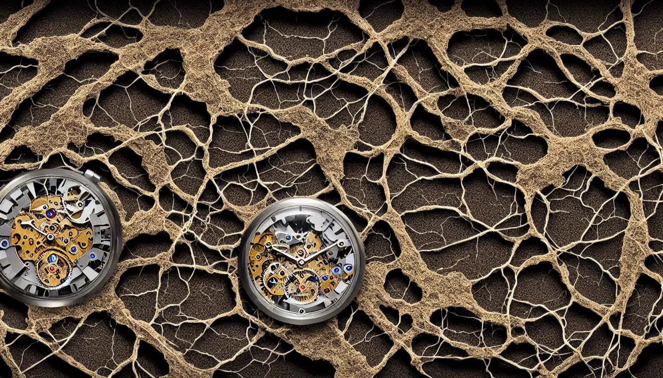 Image similar to detailed view from inside a clockwork watch, entangled roots, cracked earth, living microorganisms, decaying, hyper realistic photo, full colour, upscale, 8 k