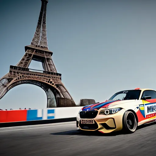 Prompt: long shot of BMW M2 Competizione drifting in front of the Effel Tower in Paris, 4k, HD Photography