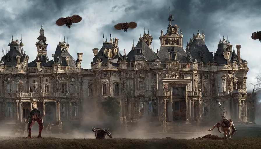 Prompt: Big budget movie about a cyborg fighting descarte's evil demon in a rococo castle