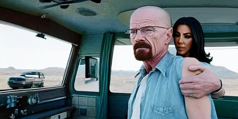 Image similar to film still of walter white carrying kim kardashian into an old derelict rv on the tv show breaking bad, cinematic-shot, 4k