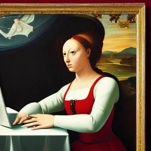 Prompt: Renaissance painting of a royal female cosmonaut using a computer