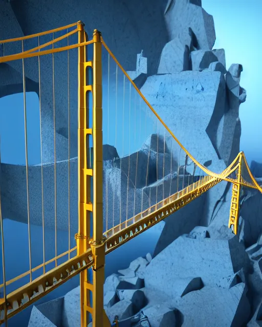 Image similar to scientifically realistic render scifi golden bridge to royal fortress stronghold temple carved out of marble skeleton and blue gems rendered in octane