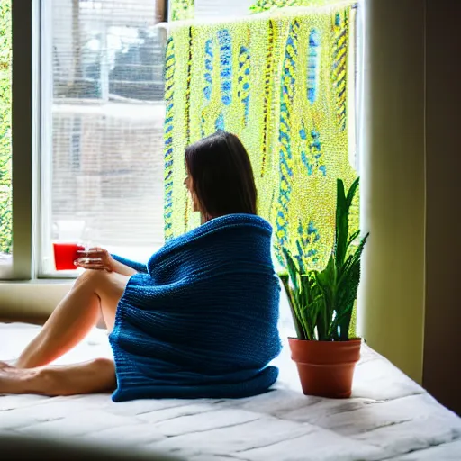 Image similar to knitted blankets women drinking green juice in front of window with a courtyard in the background