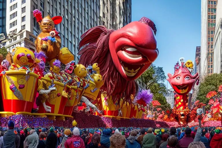 Prompt: photo of giant beautiful elaborate parade float characters designed by geoff darrow!!!! and ( ( ( ( ( ( peter jackson ) ) ) ) ) ), in the macys parade, detailed 4 k photo