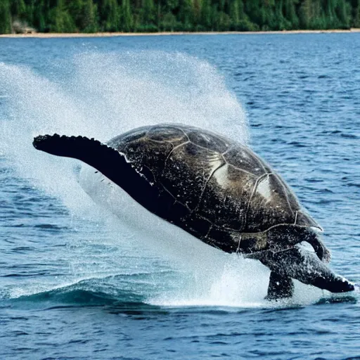 Prompt: a turtle riding a whale in the sea , photo