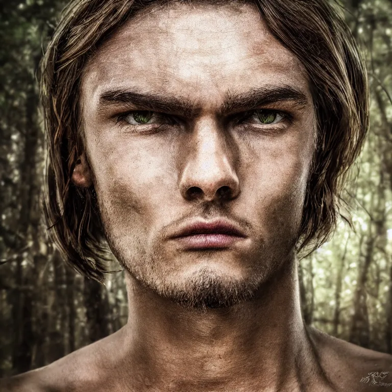 Image similar to closeup portrait photo of a male warrior, in a forest, elegant, highly detailed, centered, digital painting, smooth, sharp focus, 8 k. lifelike. soft light. nikon d 8 5 0