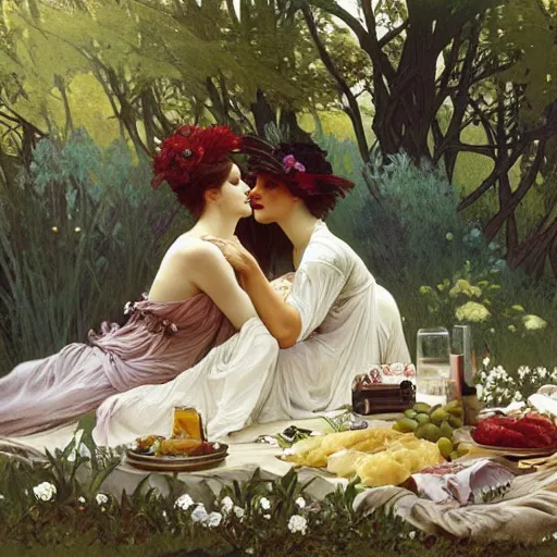 Prompt: a Taxi-Cab-Lunch-Picnic, spread-across-the-hood, romantic luncheon art by alphonse mucha and Monia Merlo and Raymond Swanland