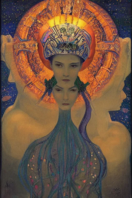 Prompt: queen of night with stars in her hair, by Annie Swynnerton, and Nicholas Roerich and Tino Rodriguez and Diego Rivera , elaborate headdress and embroidered velvet, iridescent beetles, rich color, dramatic cinematic lighting, extremely detailed