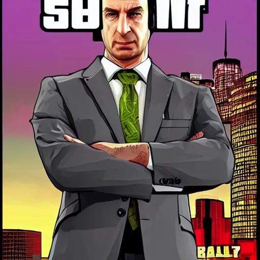 Image similar to Saul Goodman from Better Call Saul as a GTA character portrait, Grand Theft Auto, GTA cover art