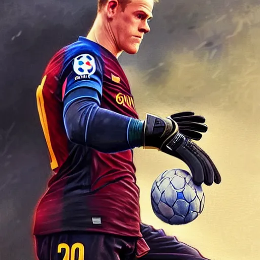 Image similar to Ter Stegen holding a bomb in his gloves, Barcelona and Germany goalkeeper, D&D, fantasy, intricate, elegant, highly detailed, digital painting, artstation, concept art, matte, sharp focus, illustration, art by Artgerm and Greg Rutkowski and Alphonse Mucha