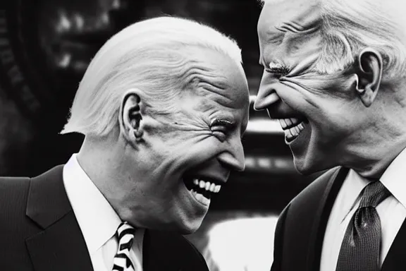 Image similar to “ very very intricate photorealistic photo of the devil and joe biden laughing together, detailed natural lighting, award - winning crisp details ”