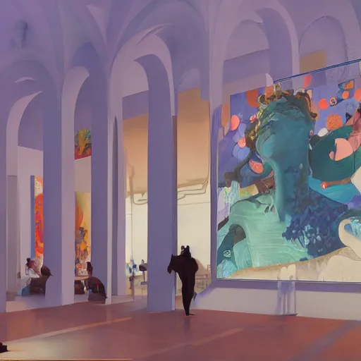 Image similar to illustration of modern art gallery, where there is a lot of paintings displayed from various artist, very fashion, octane render, displayed on the walls, by Victo Ngai and James Gilleard and Bruce Pennington