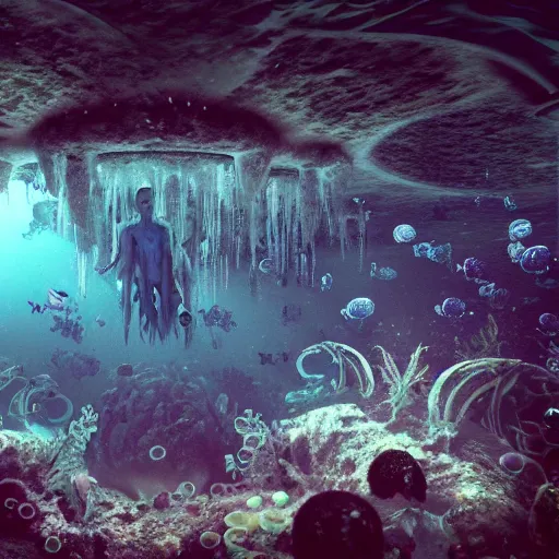 Prompt: an intricate photograph of an underwater cathedral at the bottom of the ocean surrounded by mermaids by david lachapelle, dark and scary abyssal ambient, photorealistic, octane render, unreal engine, 4 k, smooth lighting, subaquatic photography,