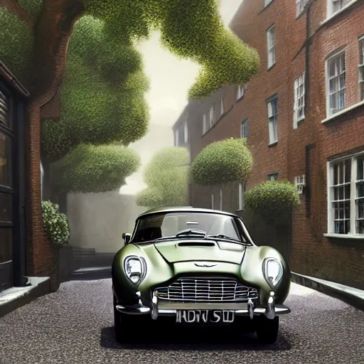 Prompt: a wholesome animation key shot of a miniature aston martin db 5, in a rich london mews residential street, medium range, studio ghibli, ( pixar ) and disney animation, sharp, very detailed, unreal engine 5 render, bloom, high resolution, anime key art by greg rutkowski