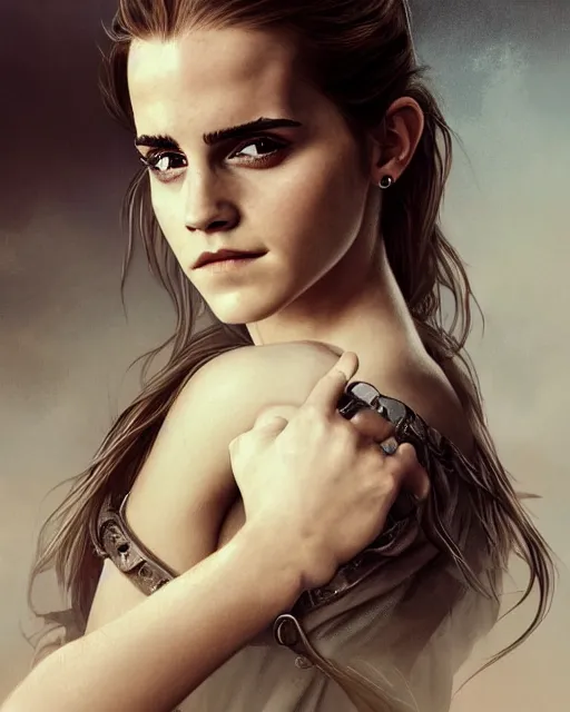 Image similar to clear portrait of emma watson, somber appearance, ripped clothing, looking her shoulder, wearing the ring of sauron, background hyper detailed, character concept, full body, dynamic pose, intricate, elegant, highly detailed, digital painting, artstation, concept art, smooth, sharp focus, illustration, art by artgerm and greg rutkowski and alphonse mucha