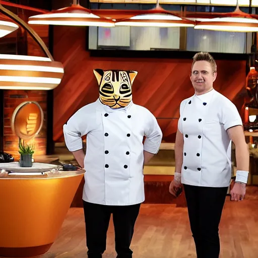 Image similar to anthropomorphic cats competing at masterchef TV show, studio shot