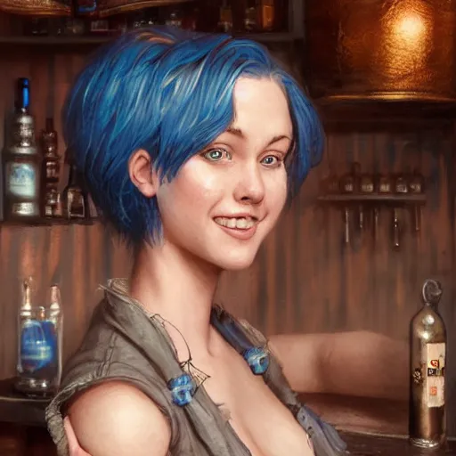 Image similar to an insanely detailed portrait of a smiling beautiful barmaid with short blue hair working at a rustic saloon, highly detailed features, sparkling blue eyes, long eyelashes, in the style of peter mohrbacher, artgerm, dramatic lighting and composition, octane render, trending on artstation, concept art 8 k