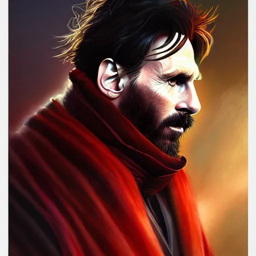 Image similar to Lionel Messi as Dr. Morbius in Morbius, D&D style, fantasy, intricate, elegant, highly detailed, digital painting, artstation, concept art, matte, sharp focus, illustration, art by Artgerm and Greg Rutkowski and Alphonse Mucha