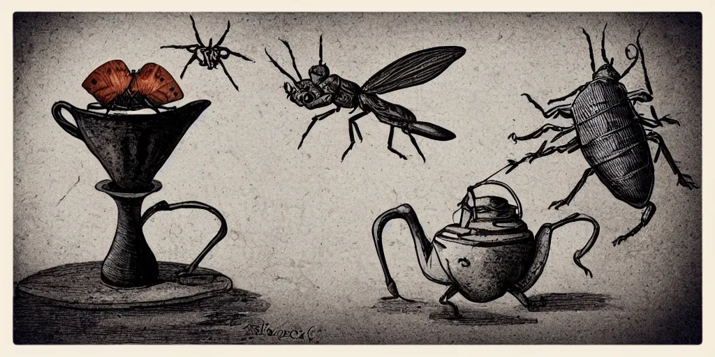 Prompt: “a moth holding a teapot, riding a unicycle, fleeing a zombie cockroach”