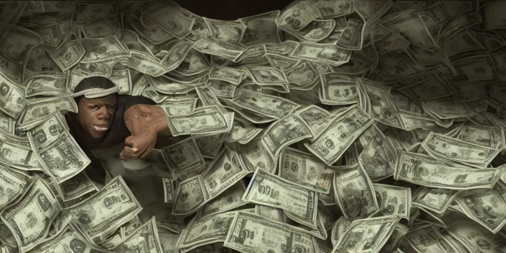 Prompt: a film still of cash money piling up in a vault, shallow depth of field, cinematic, award winning cgi, vfx, film still cfg _ scale : 1 8. 0