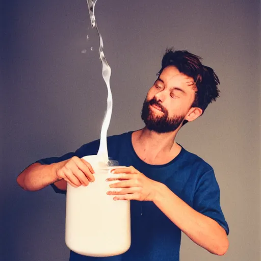 Prompt: A portrait of Homelander pouring milk on himself, Cinestill 800t