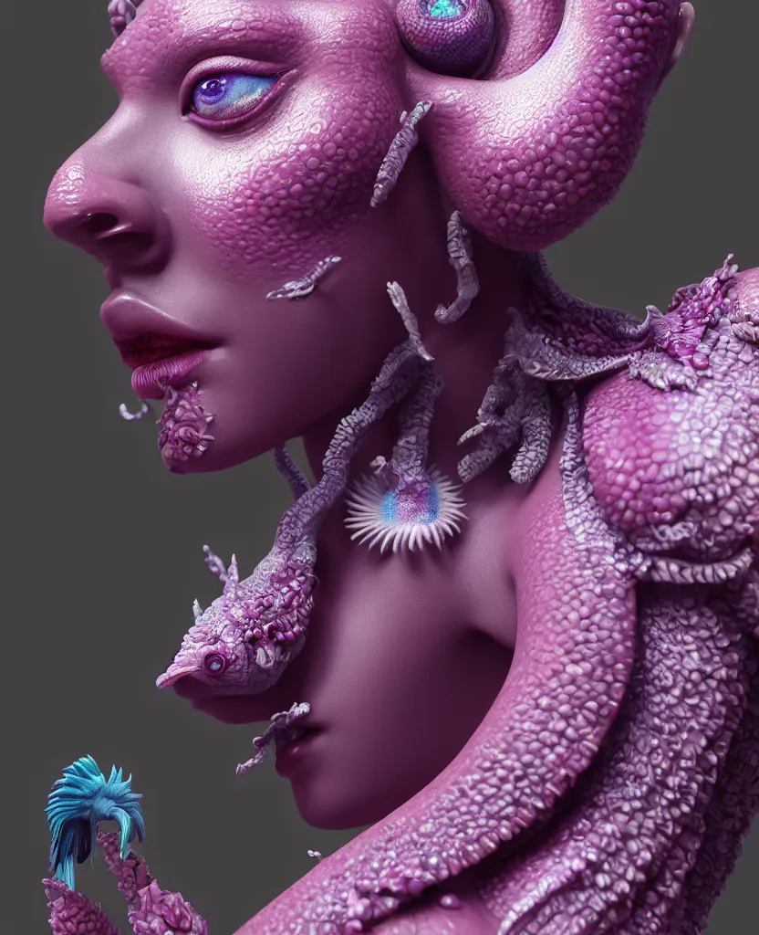 Prompt: goddess full painted acryllic sculpture close-up portrait. orchid bird betta fish, intricate artwork by Tooth Wu and wlop and beeple. octane render, trending on artstation, greg rutkowski very coherent symmetrical artwork. cinematic, hyper realism, high detail, octane render, 8k