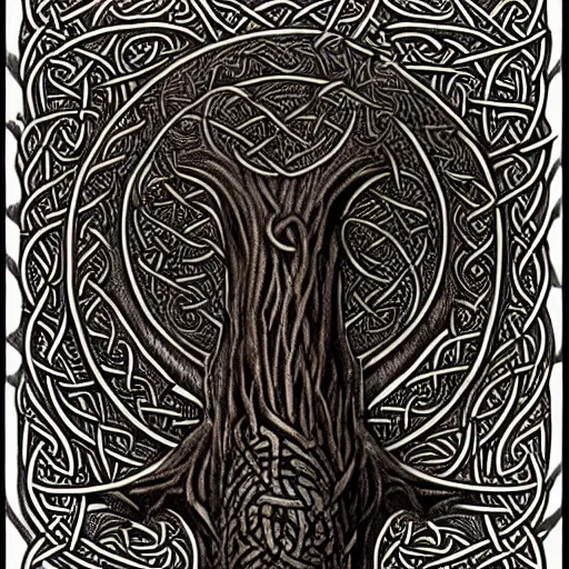 Image similar to Intricate and highly detailed Celtic Knotwork etched in an ancient tree, intricate, highly detailed, fullbody, artstation, dark fantasy, horror, Silent Hill game, concept art, smooth, sharp focus, illustration, art by greg rutkowski and orientalism and bouguereau and Zdzislaw Beksinski, good clear quality, lighting, biology, symmetrical artwork, perfect face, 135 mm, cinematic, hyper realism, high detail, octane render, 8k, chrome accents