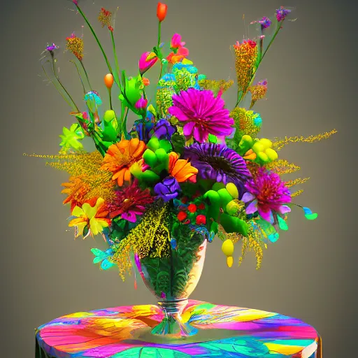 Image similar to a vase with a colorful and beautiful flower arrangement. beautiful lighting, 4 k post - processing, trending in art station, cg society, highly detailed, 5 k extremely detailed, 3 d. cinematic scene.