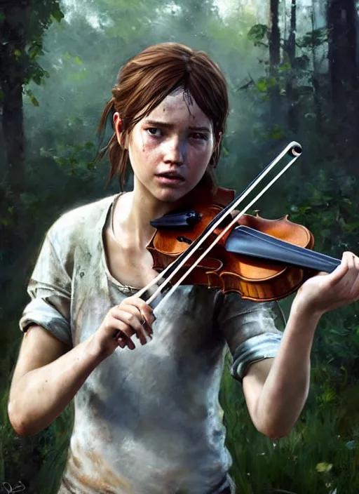 Prompt: portrait of ellie from the last of us in a white dress playing the violin. by Daniel F. Gerhartz, hyperrealistic oil painting, 4k, very detailed faces, studio lightning