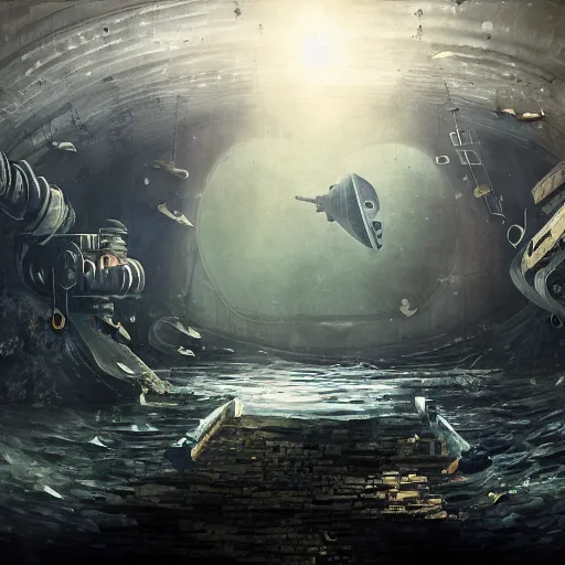 Image similar to underwater mining station, dark, sinister, brush strokes, heavy paint, gradients, highly detailed, cinematic matte painting, concept art, smooth, sharp focus