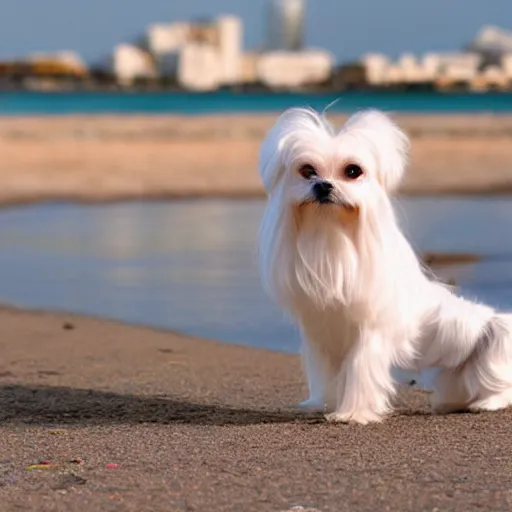 Image similar to maltese dog and calico cat on a cyberpunk beach