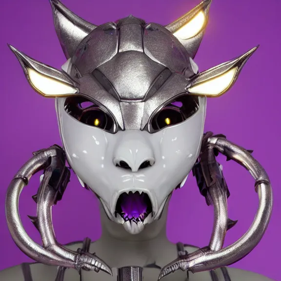 Image similar to high quality close up headshot of a cute beautiful stunning robot anthropomorphic female dragon with metal cat ears, with sleek silver metal armor, purple flesh, glowing LED eyes, facing the camera, high quality maw open and about to eat you, you being dragon food, the open maw being detailed and soft, sharp teeth, soft lulling tongue, highly detailed digital art, furry art, anthro art, sci fi, warframe art, destiny art, high quality, 3D realistic, dragon mawshot, maw art, furry mawshot, macro art, dragon art, Furaffinity, Deviantart