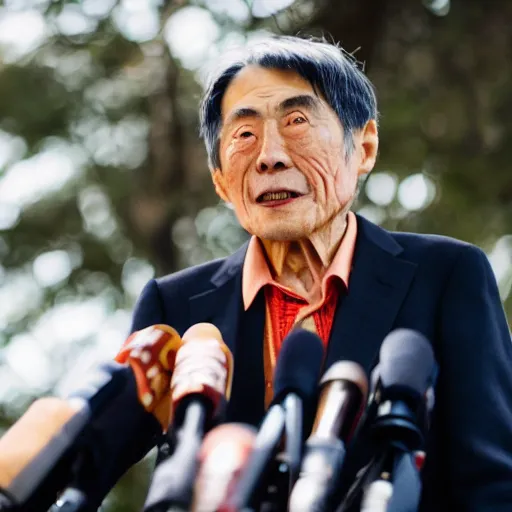 Prompt: DSLR photo portrait still of an elderly Kintarō Hattori, founder of Seiko, giving a speech at the Bohemian Grove, 85mm, f1.8