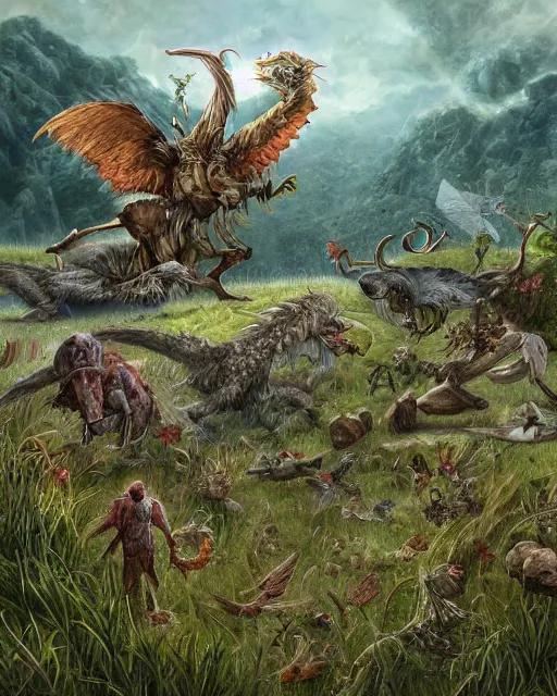 Prompt: a fantastical world made by adrian smith, unknown creatures flying through the air as other unknown animals grazed the grass below, highly detailed, digital painting, concept art, illustration, painting