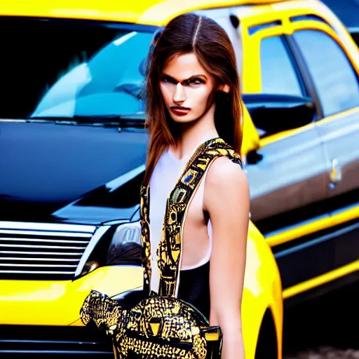 Image similar to close up of a fashion model standing in front of a taxi, official versace editorial, highly detailed