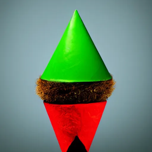 Prompt: a red cone sitting on top of a green cube