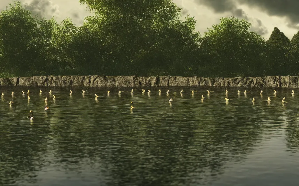 Prompt: one large duck swimming and many small ducklings in a row, 1 black duckling, in a pond, around trees, plants and rocks, bright sky, gray clouds, rays of light, dramatic atmosphere, reflections, highly detailed, cinematic lighting, perfect composition, 4 k, gustave dore, derek zabrocki, greg rutkowski, belsinski, octane render