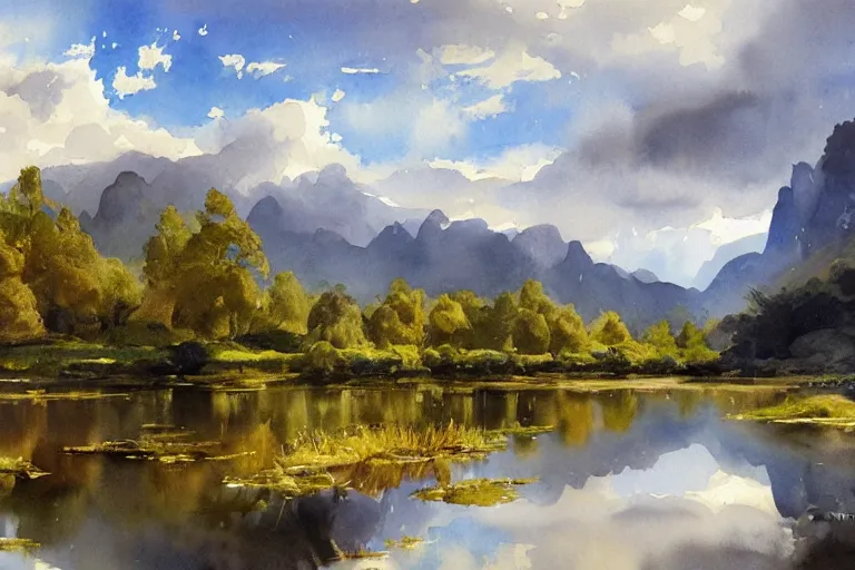 Image similar to watercolor painting of small river, pond, reflections, tall mountains and warm clouds, mythological art by hans gude, romance art by hans dahl, by jesper ejsing, art by anders zorn, wonderful masterpiece by greg rutkowski, cinematic light, american romanticism by greg manchess, creation by tyler edlin