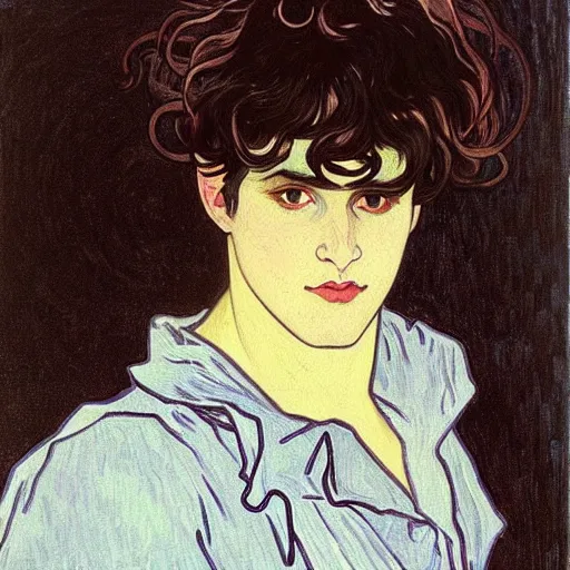 Prompt: painting of young cute handsome beautiful dark medium wavy hair man in his 2 0 s named shadow taehyung in costume at the halloween pumpkin party, straight nose, depressed, melancholy, elegant, clear, painting, stylized, delicate, soft facial features, delicate facial features, soft art, art by alphonse mucha, vincent van gogh, egon schiele