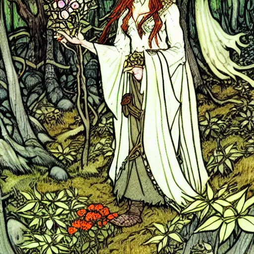 Prompt: Elven Herbalist collecting flowers in the forest. Absurdly-detailed fantasy character illustration by Rebecca Guay and Wayne Reynolds