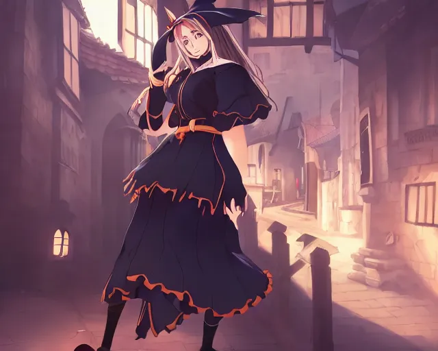 Image similar to key anime visual portrait of a young female witch walking through a busy medieval village, dynamic pose, dynamic perspective, cinematic, dramatic lighting, detailed silhouette, anime proportions