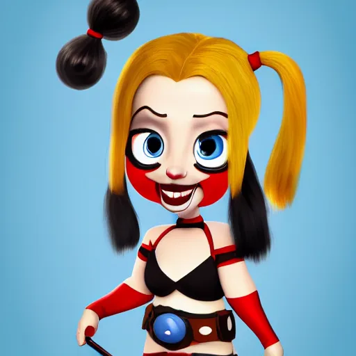 Image similar to baby harley quinn caricature with pigtail in hair like pebbles flintstones playing with a magic wand, full body, big head, large smile, pixar style, 4 k trending on artstation