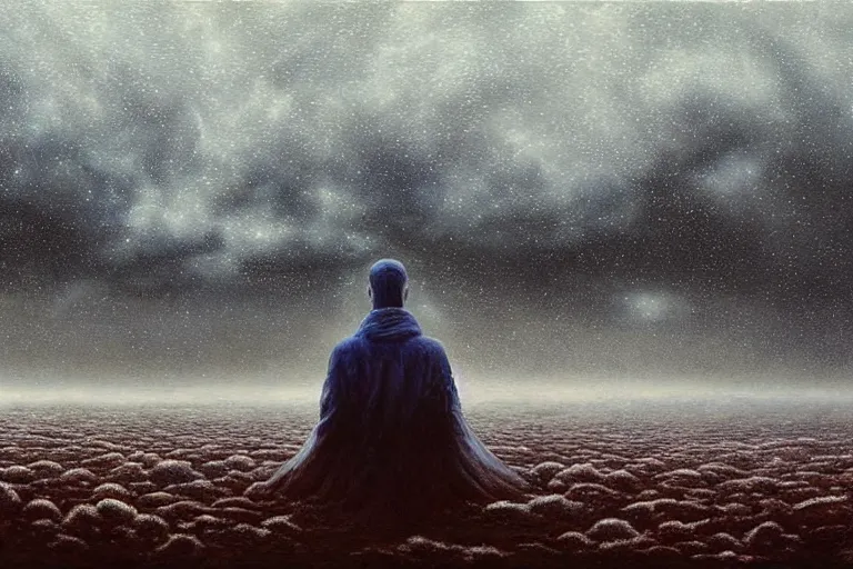 Prompt: Haunting horrifying hyperrealistic detailed painting of an ultrawide landscape showing a tall pale man sitting atop a mountain of humans in a foggy hellscape with spread out lakes of cerulean blue gelatinous liquid reflective and goop, eyeballs bulging, stars in the sky, a galaxy in the sky, dystopian feel, heavy metal, disgusting, creepy, unsettling, in the style of Michael Whelan and Zdzisław Beksiński, lovecraftian, hyper detailed, trending on Artstation