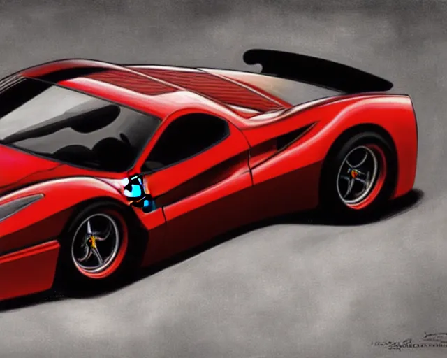 Prompt: Ferrari hotrod car with an exposed V12 engine, highly detailed, sharp focus, art by Greg Rutkowski and WLOP