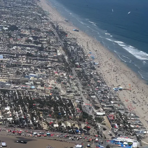 Prompt: santa monica pier completely destroyed, helicopter coverage, photo from above, news coverage, sadness, cnn news