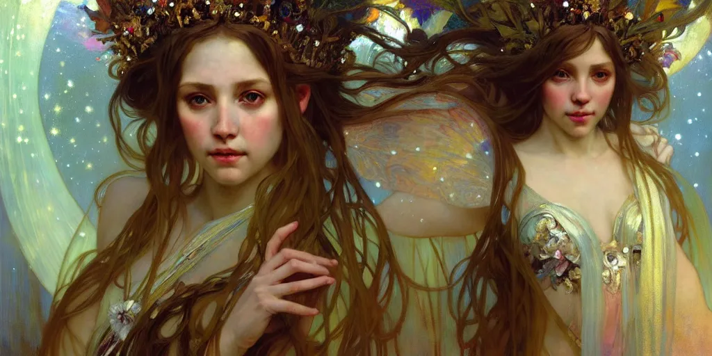 Image similar to hyperrealist portrait of a fairy girl emperorit is decorated with long robes that fall like stars and wears a huge crown. by jeremy mann and alphonse mucha, fantasy art, photo realistic, dynamic lighting, artstation, poster, volumetric lighting, very detailed faces, 4 k, award winning