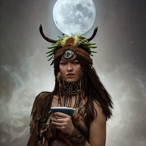 Prompt: spartan shaman drinking tea with trichocereus background and smoke haze, full moon, wolf, photo in the style of the celestine prophecy, wlop, artgerm, greg rutkowski and alphonse mucha