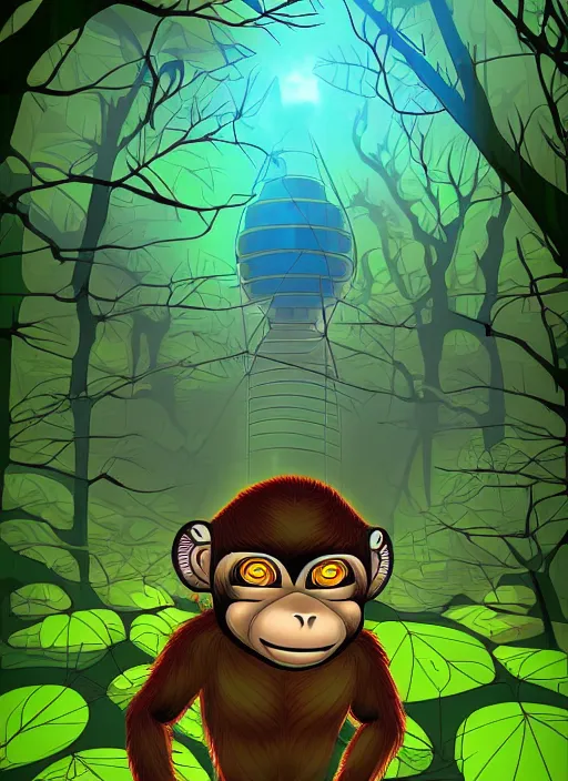 Image similar to cyber monkey in the scifi forest, in style james jea, illustration, fine colors