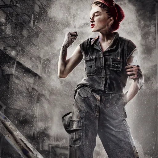 Image similar to a portrait of Rosie the riveter, industrial setting, dynamic pose, sweat and grime, close-up, intricate details, intricately detailed clothing, intricate textures, warm lighting, vivid colors, sparks flying, smoke and mist, realistic octane render, hyper realistic render, volumetric shading, depth of field, raytracing, 8k,